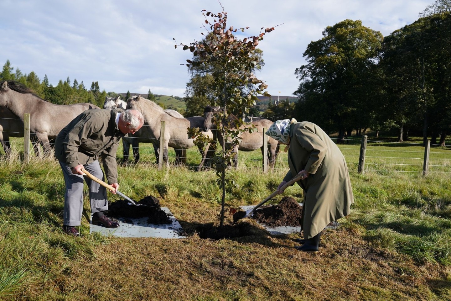 Königin Elizabeth II. und Prinz Charles pflanzen 2021 auf Schloss Bamoral für «Queen's Green Canopy» einen Baum.