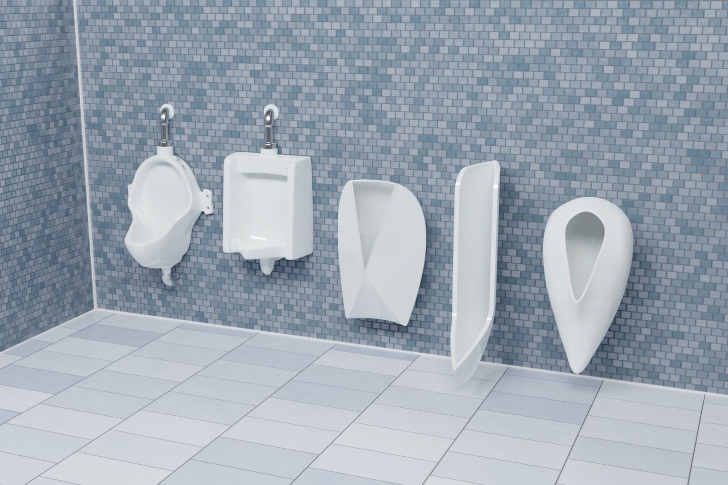 Die Computerdarstellung zeigt zwei Urinale mit traditionellem Design (l.) und drei von den Forschern entworfene Urinale.