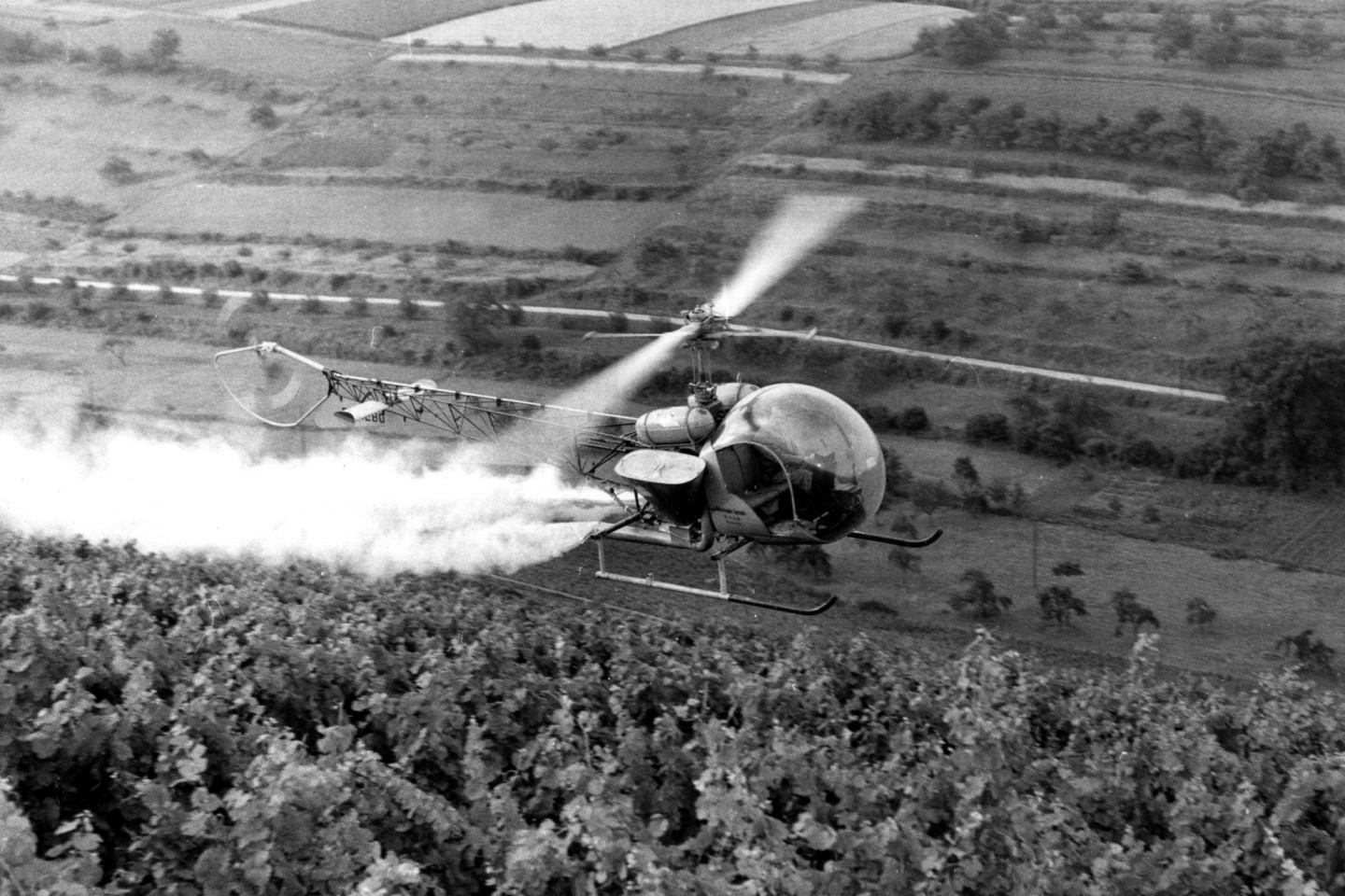 Gift aus feinen Düsen: Alte Fotos aus den 1950er Jahren zeigen Helikopter, die E 605 großflächig über rheinischen Weinbergen versprühen.