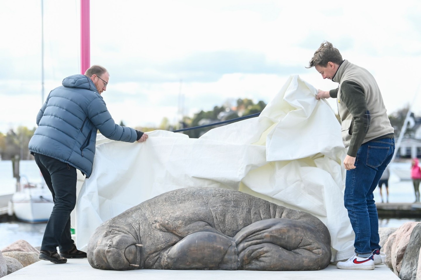 Die Skulptur der Künstlerin Tonoian zum Gedenken an das Walross Freya wird von Walross-Experte Rune Aae (l) und Initiator Erik Holm in der Kongen Marina enthüllt.