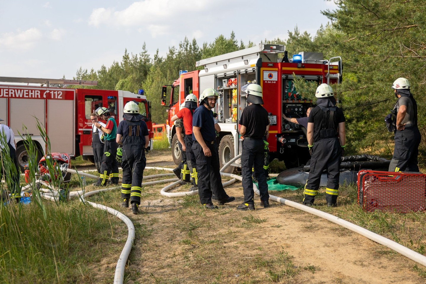 Einsatzkräfte der Feuerwehr sind bei einem Waldbrand in Hainburg im Einsatz.