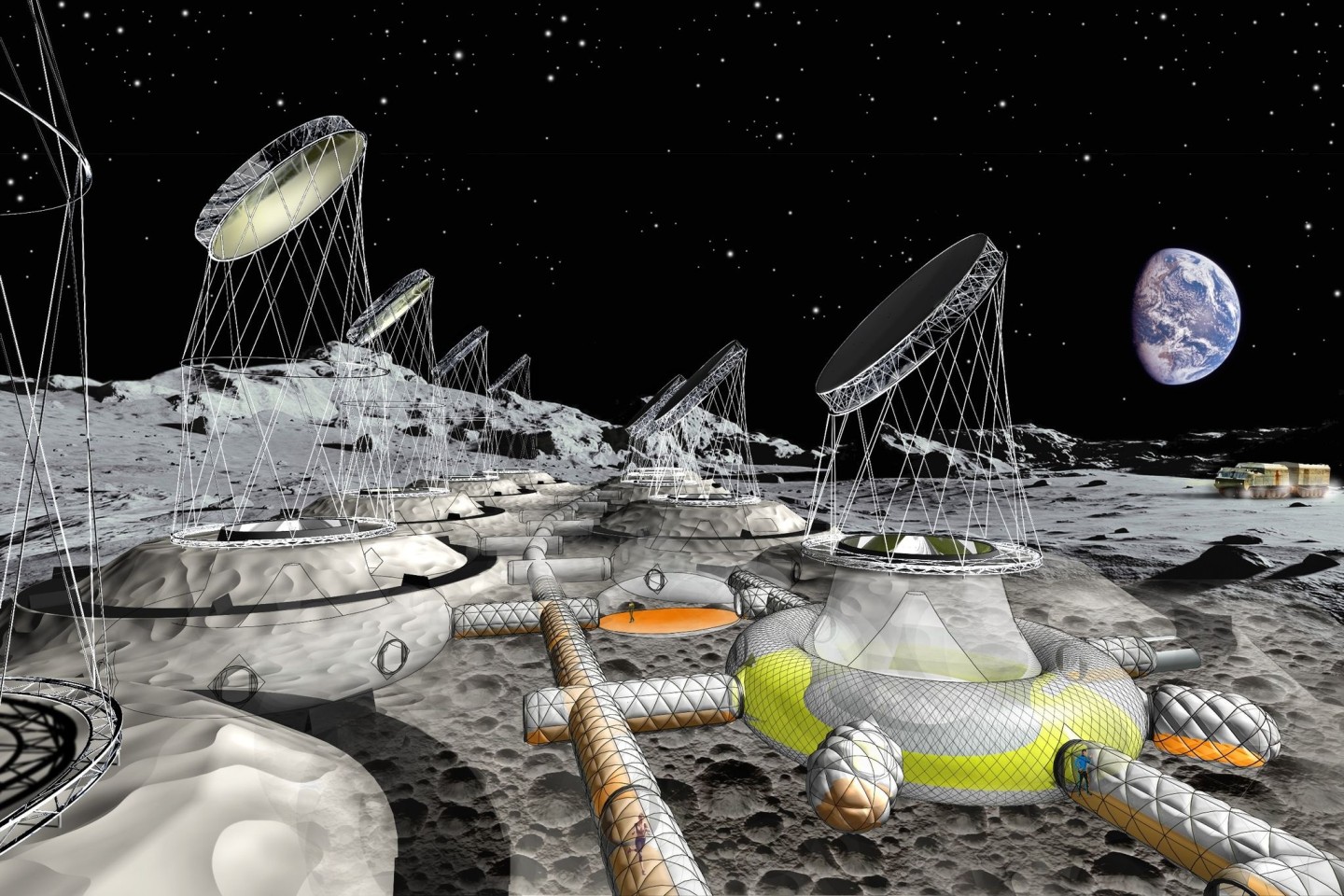 Die Illustration zeigt die Vision einer zukünftigen Mondsiedlung.