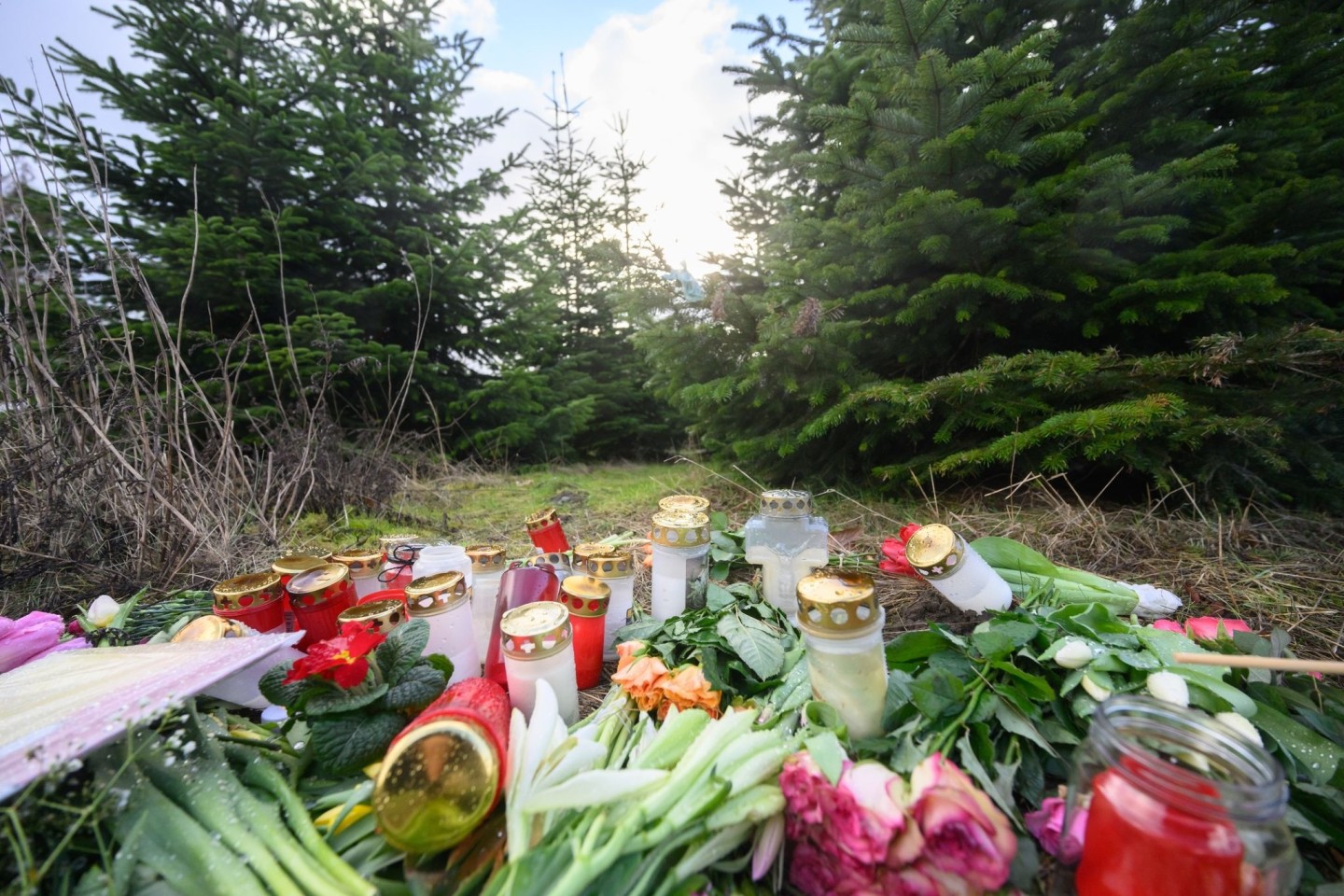 Blumen und Kerzen liegen an einer Tannenbaumschonung in Wunstorf. Nach der Tötung eines 14-jährigen Jungen sind die Hintergründe der Tat weiter unklar.