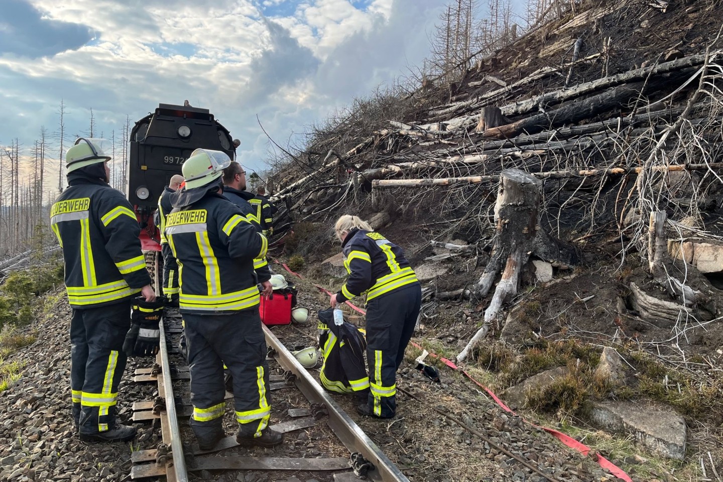 Feuerwehrleute stehen vor einem abgebrannten Waldstück am Brocken auf den Gleisen einer Bahnstrecke.