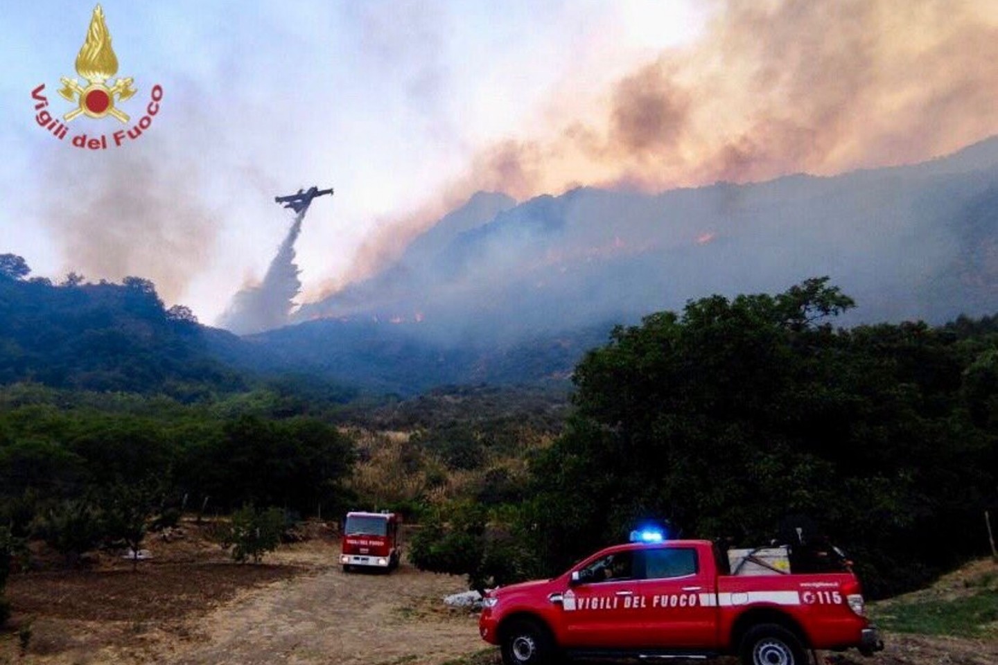 Einsatzkräfte der Feuerwehr kämpfen in der Region Palermo gegen Waldbrände.