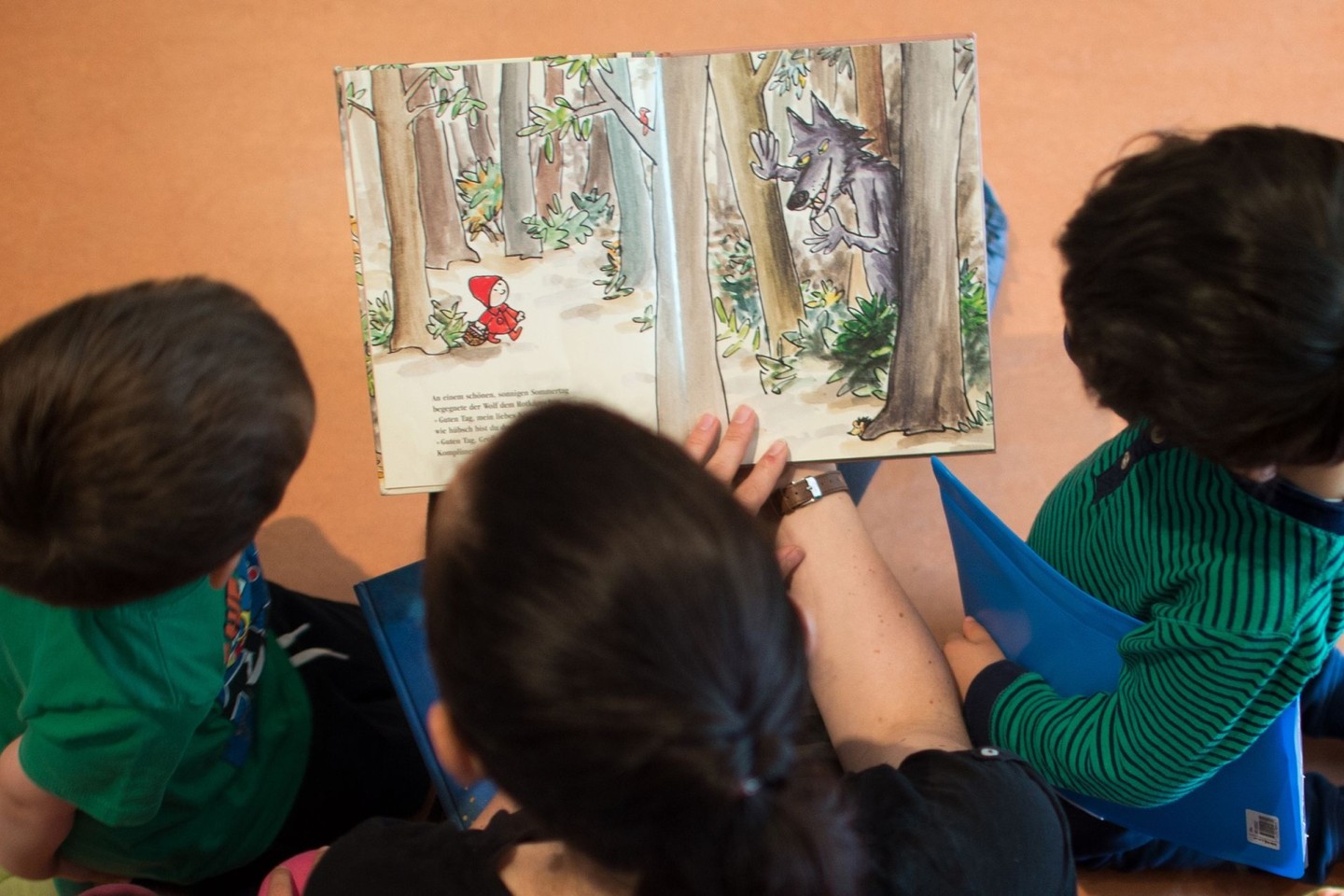Eine Frau liest Kindern aus einem Buch vor.