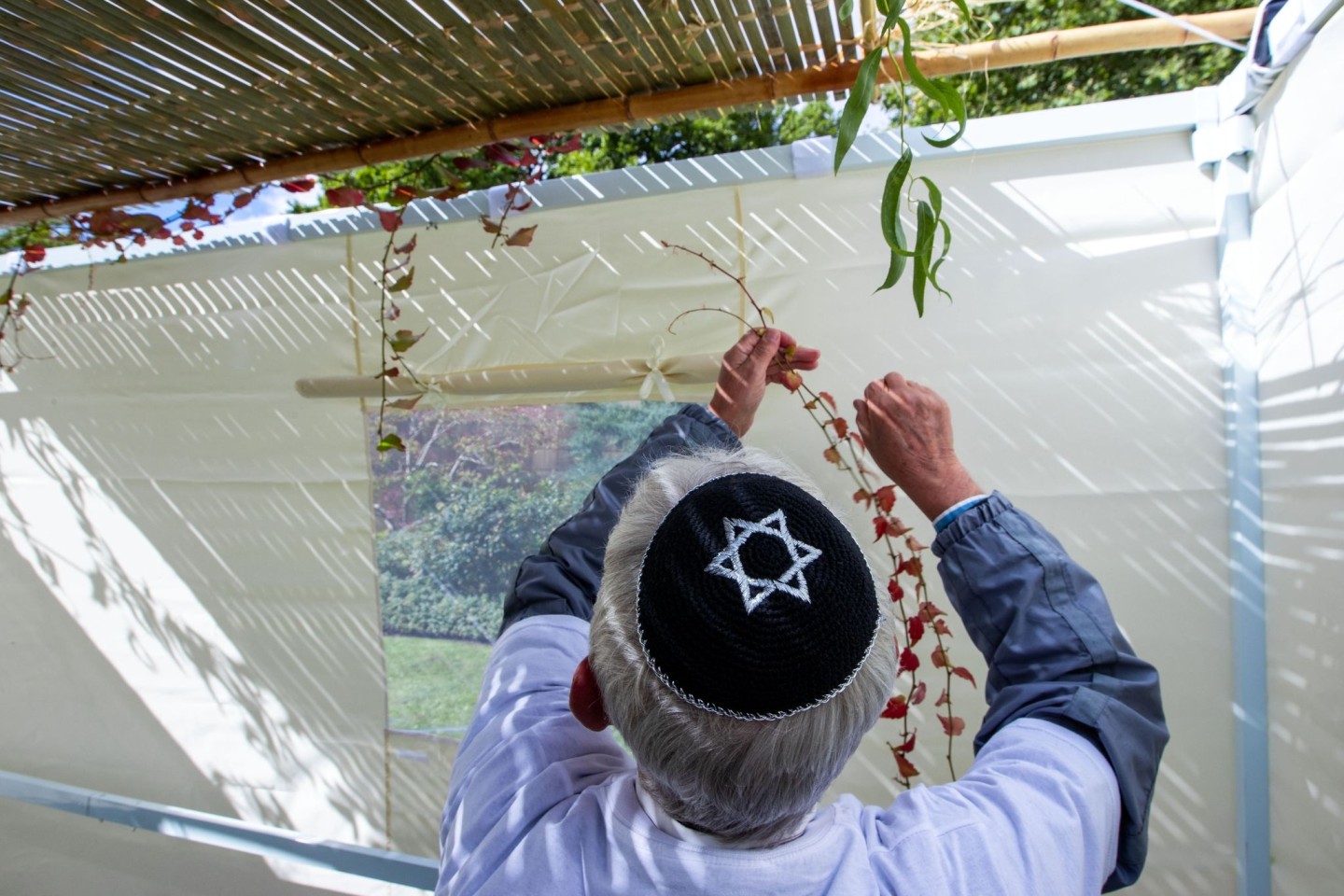 Mitglieder der jüdischen Gemeinde in Schwerin schmücken die traditionelle Laubhütte mit Zweigen und Früchten.