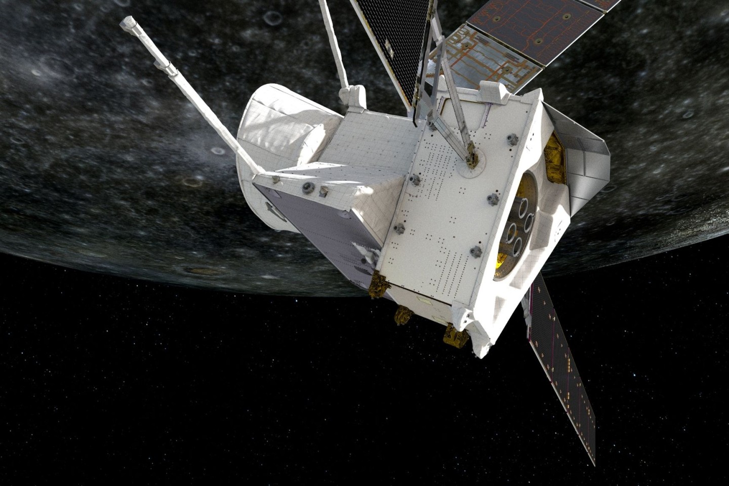 Künstlerische Darstellung des Vorbeiflugs von «BepiColombo» am Merkur am 1. Oktober 2021.