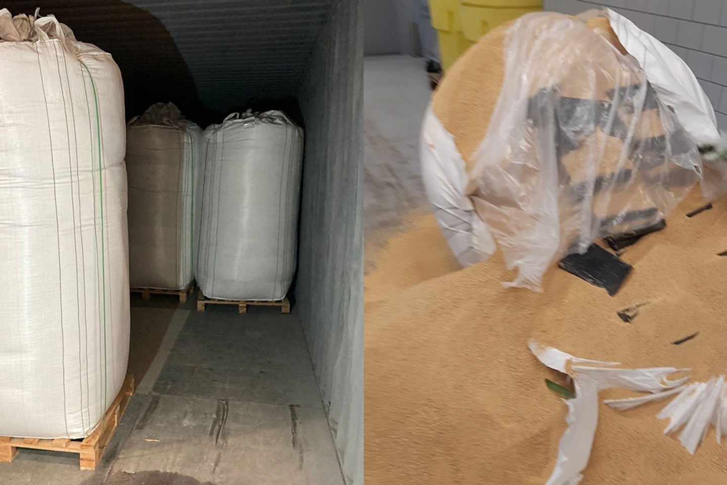Die Kombo zeigt mit Soja gefüllte Säcke in einem Container (l) und Kokain-Päckchen, die in einem Sack mit Soja zu sehen sind.